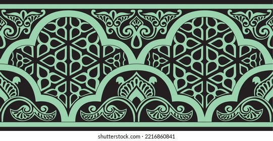 Vector green seamless oriental national ornament. Endless ethnic floral border, arab peoples frame. Persian painting.