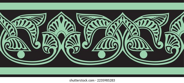 Ornamento nacional oriental sin costuras verde vectorial. Interminables fronteras étnicas florales, los pueblos árabes se enmarcan. Pintura persa.