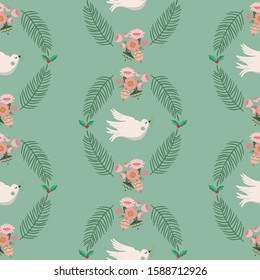 Vector green seamless pattern background with a dove, leaves and flowers. 