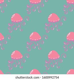 Vector green seamless pattern background with cute jellyfish. Perfect for fabric, wallpaper and stationary projects.
