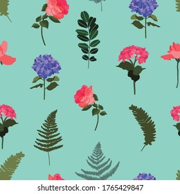 Vector green seamless pattern background with flowers. 
