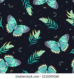 Vector green seamless pattern with butterflies and stars. Contemporary composition. Trendy texture for print, textile, packaging.