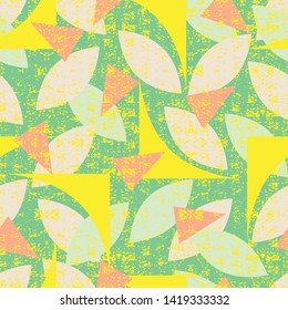 Vector green seamless pattern of colorful abstract geometric shapes with grunge texture. Suitable for textile, gift wrap and wallpaper.