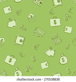 Vector Green Seamless Pattern of Finance. Finance, Money, Wealth, Business, Currency.