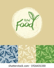 Vector Green seamless pattern for organic cosmetic design, vegetarian cooking banner. Vegan background with leaf ornament for eco store and healthy eating banner, organic product label design.