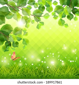 Vector green season background with grass, tree branches, leaves, butterfly, lights, backdrop mosaic geometric pattern. Romantic summer natural scene