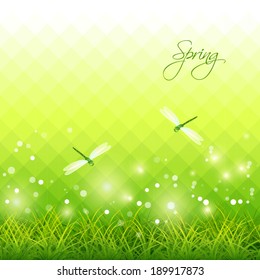 Vector green season background with grass, dragonfly, lights, backdrop mosaic geometric pattern. Romantic spring natural scene