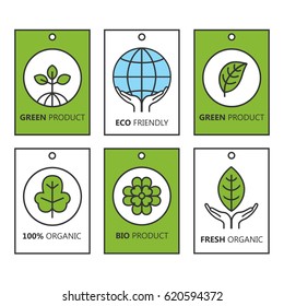Vector green set of labels for organic products, food and cosmetics. Rectangular elements for logos, badges, stickers or icons. Natural, organic, vegan food.