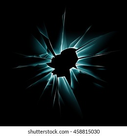 Vector Green Shattered Crack Glass Window with Sharp Edges and Bullet holes Close up on Dark Black Background