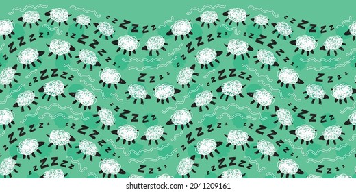 Vector green sheep zzz counting wavy stripes cute doodles horizontal border pattern. Suitable for posters and graphic design projects.