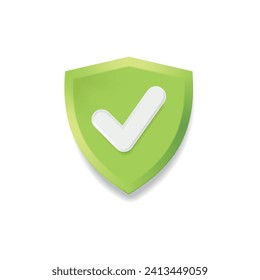 Vector of green shield in 3D, with a white check mark on the front.