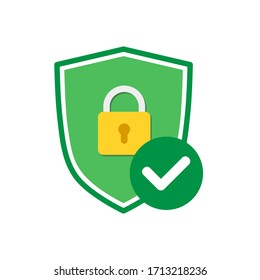 Vector green shield with padlock icon and check mark design isolated on white background.