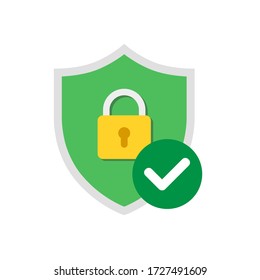 Vector green shield with padlock icon and check mark design isolated on white background.