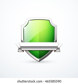Vector green shield with ribbon. Metal shield