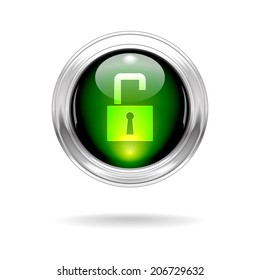 Vector Green Shiny Unlock Button with Metallic Frame