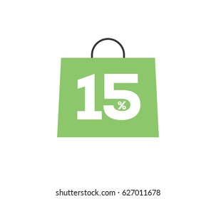 Vector green shopping bag with 15% on it isolated on white background. For spring summer sale campaign.