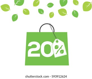 Vector green shopping bag with 20% text and percent design with leaf and stick price tag label on it on white background with leaves. For spring sale campaigns.