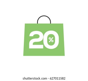 Vector green shopping bag with 20% on it isolated on white background. For spring summer sale campaign.