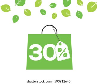 Vector green shopping bag with 30% text and percent design with leaf and stick price tag label on it on white background with leaves. For spring sale campaigns.