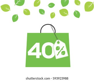 Vector green shopping bag with 40% text and percent design with leaf and stick price tag label on it on white background with leaves. For spring sale campaigns.