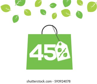 Vector green shopping bag with 45% text and percent design with leaf and stick price tag label on it on white background with leaves. For spring sale campaigns.