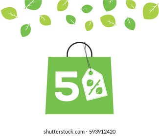 Vector green shopping bag with 5% text and percent design with leaf and stick price tag label on it on white background with leaves. For spring sale campaigns.