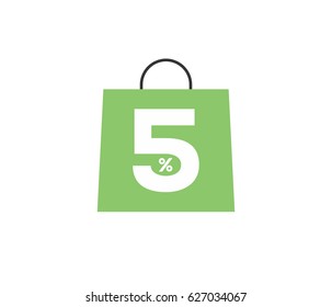 Vector green shopping bag with 5% on it isolated on white background. For spring summer sale campaign.