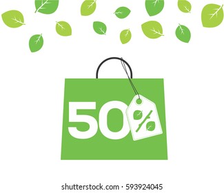 Vector green shopping bag with 50% text and percent design with leaf and stick price tag label on it on white background with leaves. For spring sale campaigns.