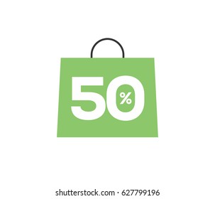 Vector green shopping bag with 50% on it isolated on white background. For spring summer sale campaign.