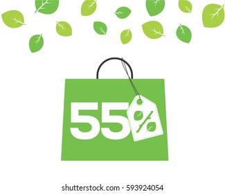 Vector green shopping bag with 55% text and percent design with leaf and stick price tag label on it on white background with leaves. For spring sale campaigns.