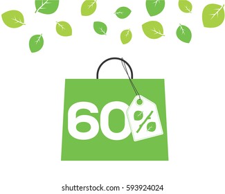 Vector green shopping bag with 60% text and percent design with leaf and stick price tag label on it on white background with leaves. For spring sale campaigns.