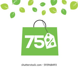 Vector green shopping bag with 75% text and percent design with leaf and stick price tag label on it on white background with leaves. For spring sale campaigns.