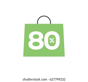Vector green shopping bag with 80% on it isolated on white background. For spring summer sale campaign.
