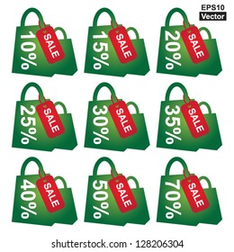 Vector : Green Shopping Bag With Red Sale Tag and 10 - 70 Percent Discount Isolated on White Background