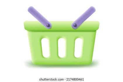 Cesta de compras verde vectorial con un estilo 3d realista. Ilustración vectorial de la cesta de la compra verde sobre un fondo aislado.