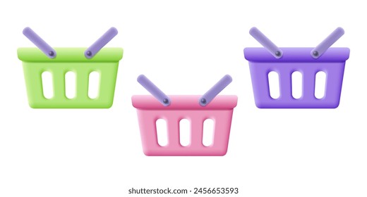 Vector green shopping basket in realistic 3d style. Vector illustration of green shopping baskets on isolated background.