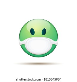 Vector green sick Emoji sticker with mouth medical protection mask isolated on white background. Ill smile face character with white surgeon mask. Self isolation concept ilustration or icon