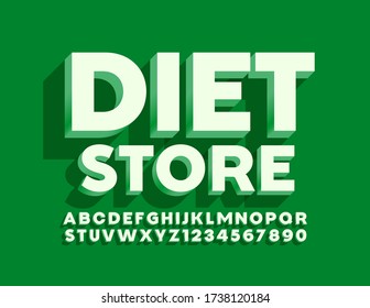 Vector Green Schild Diet Store mit 3D modernen Schriftarten. Einfache Alphabet-Buchstaben und -Zahlen