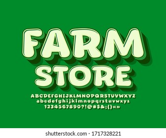 Vector green sign Farm Store with creative 3D Font. Trendy Alphabet Letters and Numbers