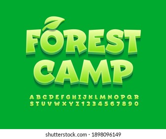 Vector green sign Forest Camp. Creative modern Font. 3D Funny Alphabet Letters and Numbers set