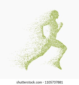 Vector green silhoette of running woman made from dots and particles.