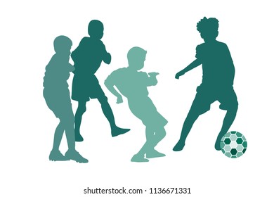 vector green silhouettes of boys playing soccer or football