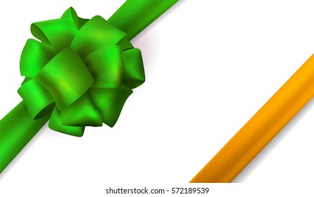 Vector green silk diagonal bow and yellow orange ribbon irish colors st. Patrick day background gift card design