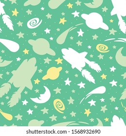 Vector green sillouette space shuttle with stars, moon and comet repeat pattern. Perfect for kids fabric, scrapbooking and wallpaper projects.