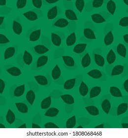 Vector green simple textured monochrome leaves shape scattered seamless pattern. Suitable for textile, gift wrap and wallpaper.
