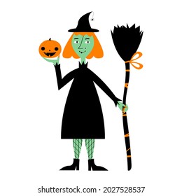 Vector green skin witch holding a broom and pumpkin jack o'lantern in her hands. Halloween illustration isolated on white background.