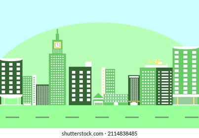 Edificio de rascacielos verde vectorial en la ciudad inteligente, para el tema ambiental. Día de la Tierra.