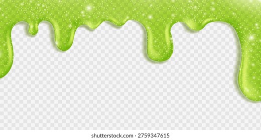 Vector green slime dripping frame with sticky jelly texture. Halloween goo border with realistic liquid splash and toxic snot drops on transparent background. Bright spooky design for monster banners