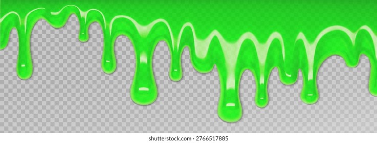 Vector green slime dripping frame with sticky jelly texture. Halloween goo border with realistic liquid splash and toxic snot drops on transparent background. Bright spooky design for monster banners