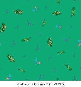 Vector green small Origami dinosaurs with trees background pattern
